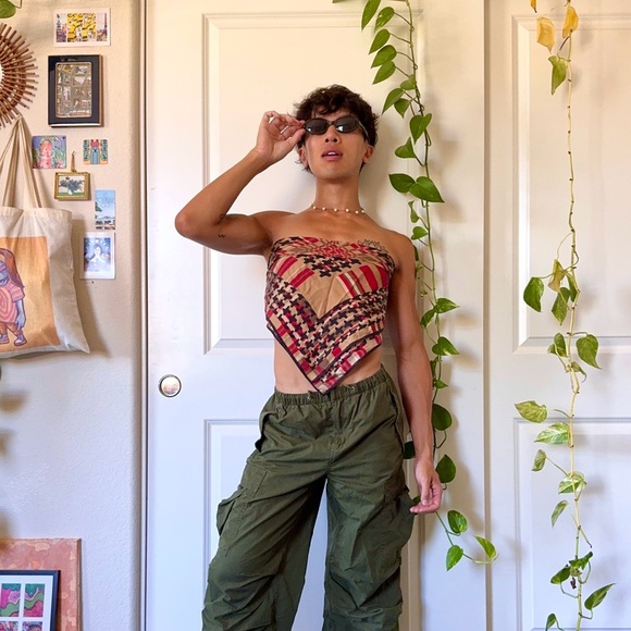 Vintage Silk-Blend Red & Tan Checkered Scarf Top - Picture 3 of 7